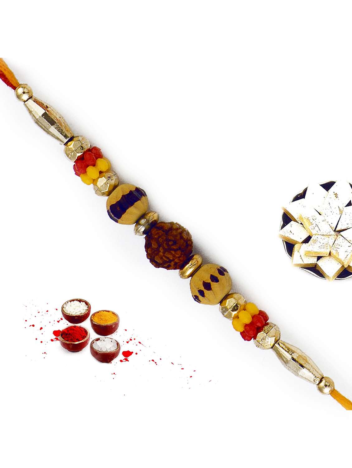 yellow & red beads rudraksh rakhi