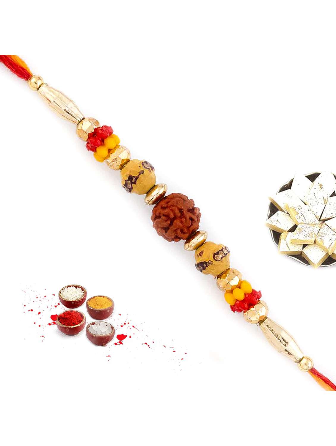 yellow & red beads studded elegant rudraksh rakhi
