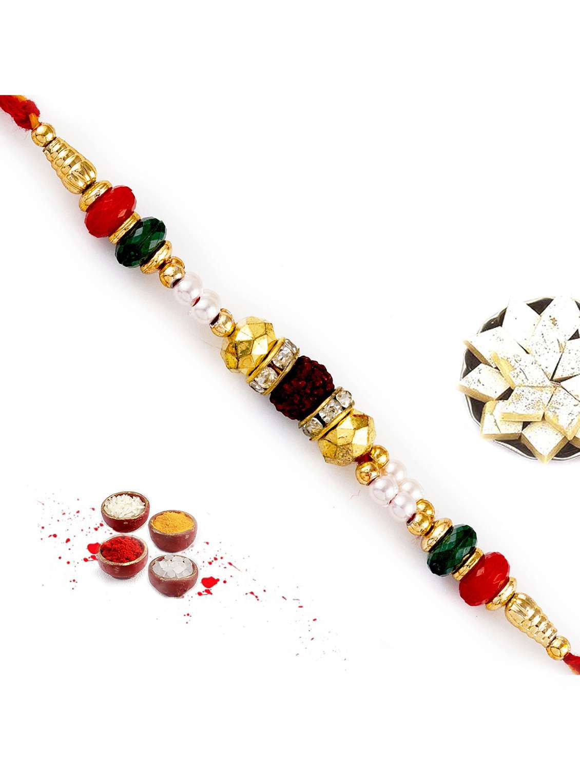 multicolor round beads & ad studded rudraksh rakhi