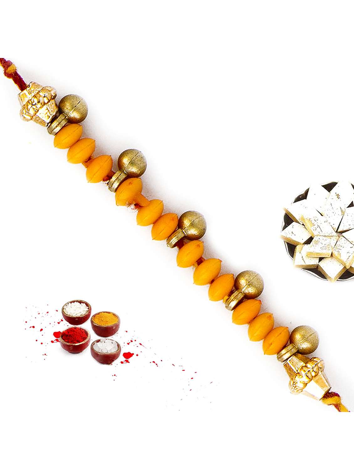 yellow beads rakhi with sweet little bells