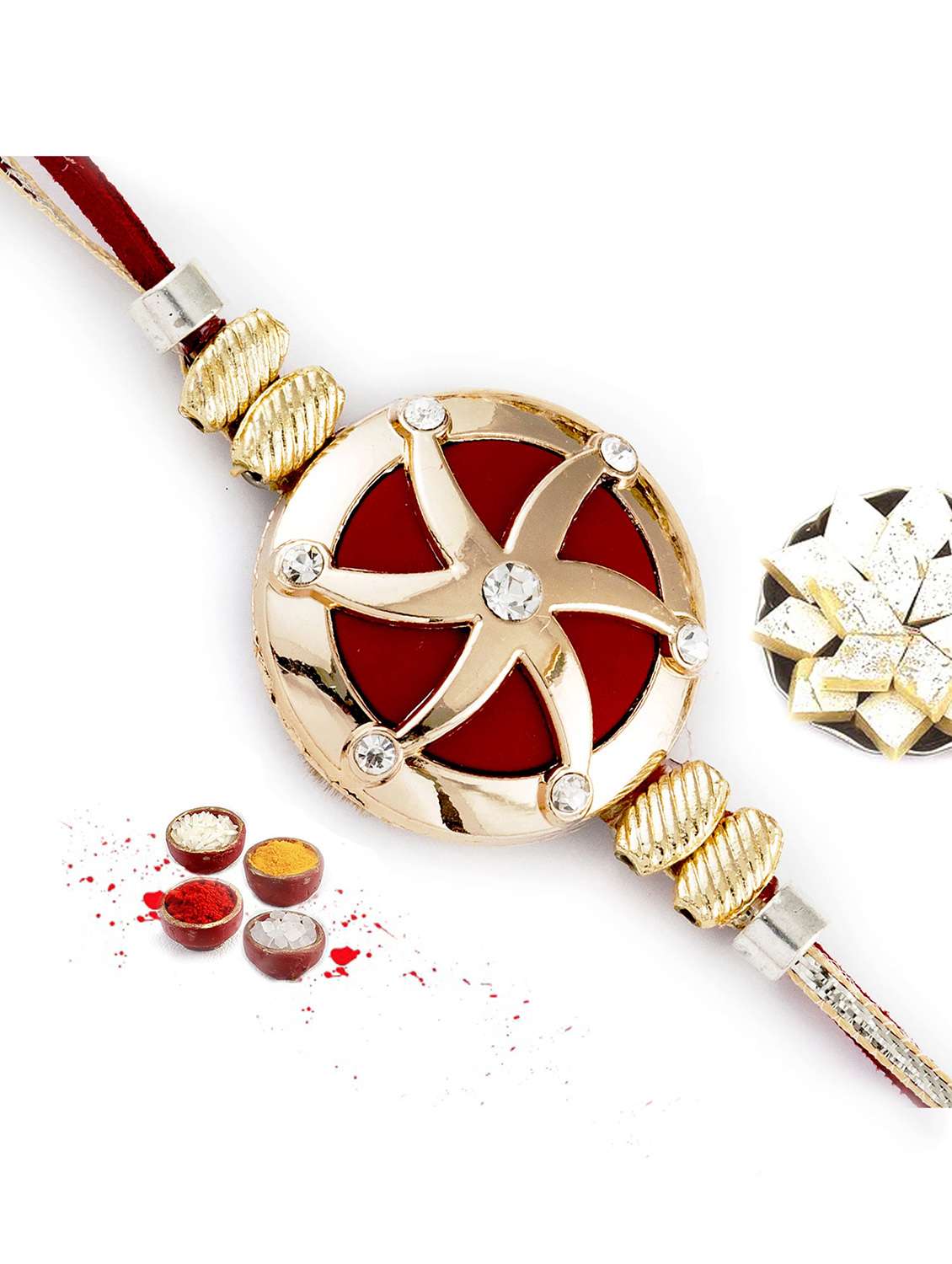 gold star motif red base rakhi