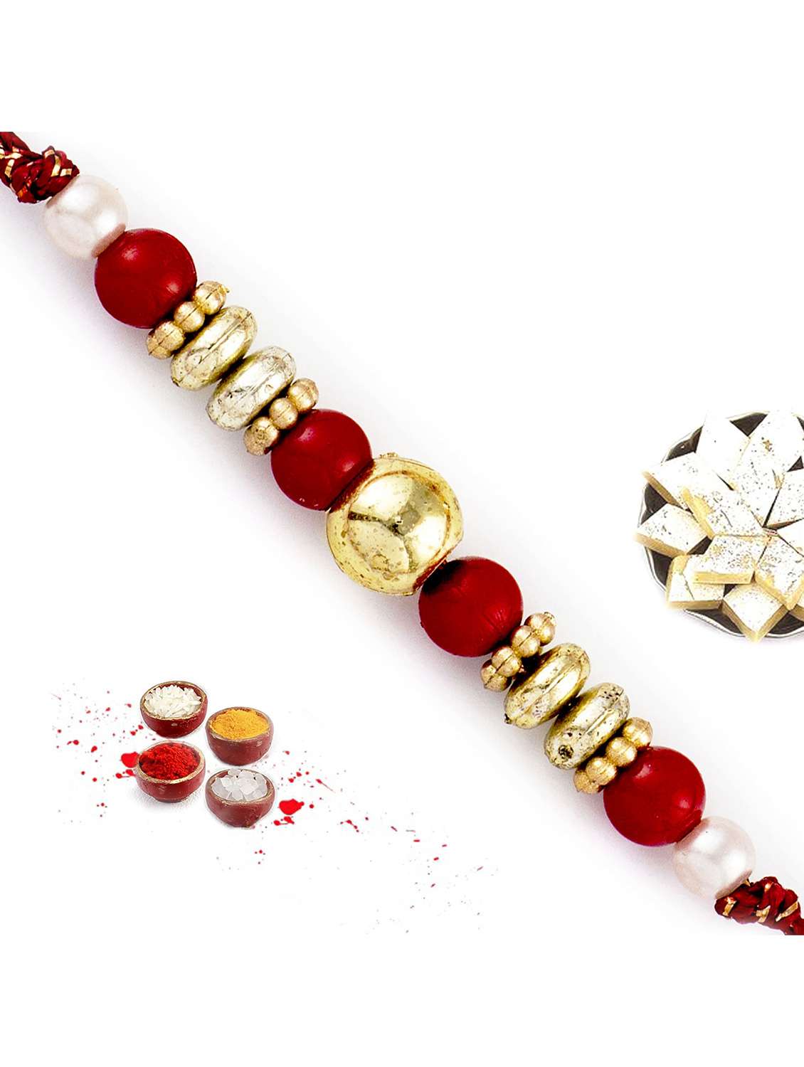 red & golden solid round beads rakhi