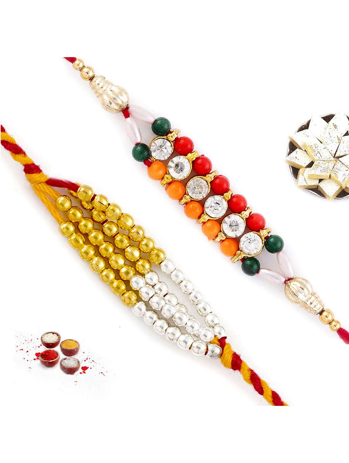  ad stud and golden beads rakhi set of 2 
