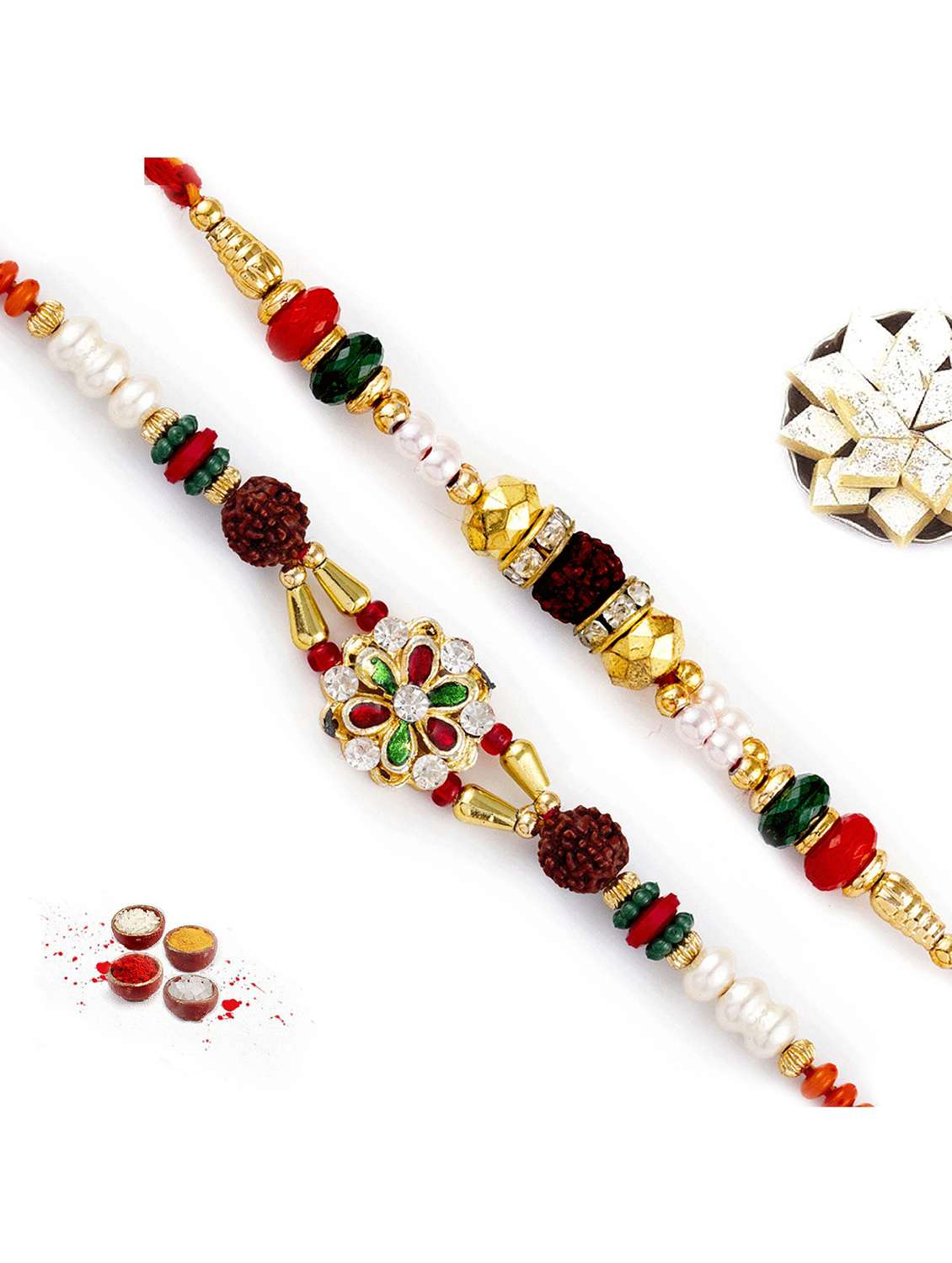  golden and colourful beads rakhi with pearl (set of 2)
