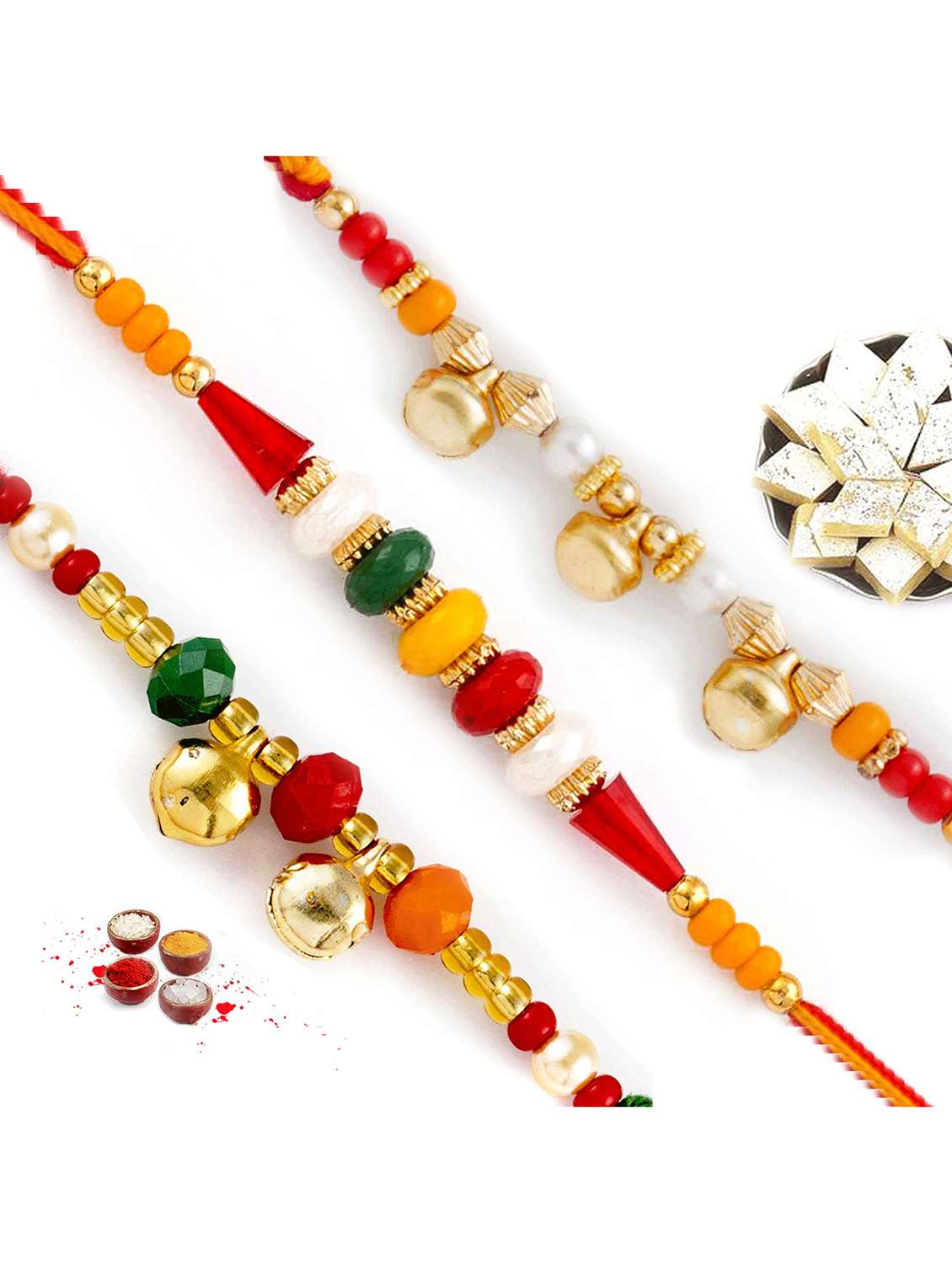 mauli rakhi with multicolour beads  (set of 3)