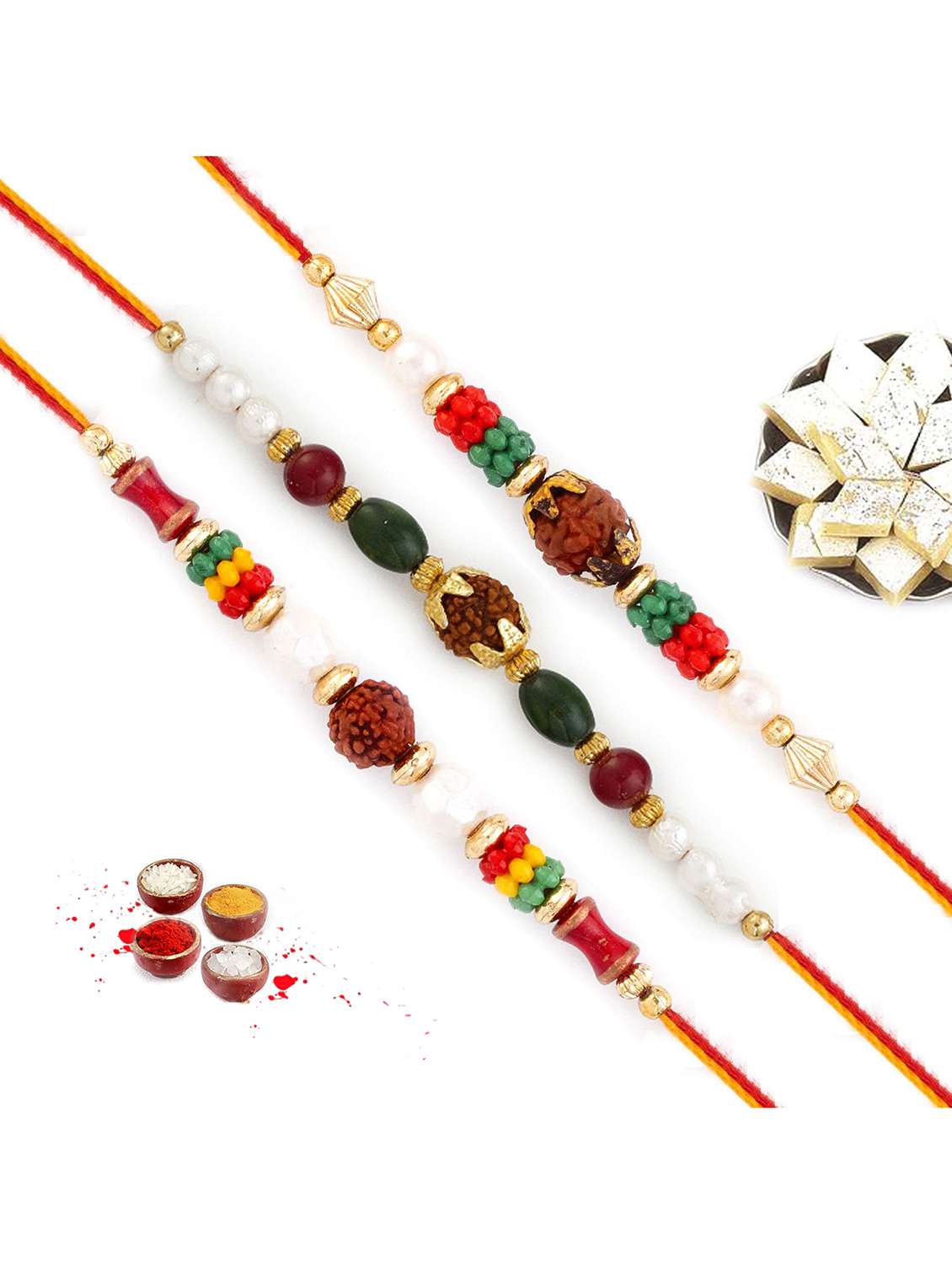  rudraksh studded colourful beads rakhi (set of 3)