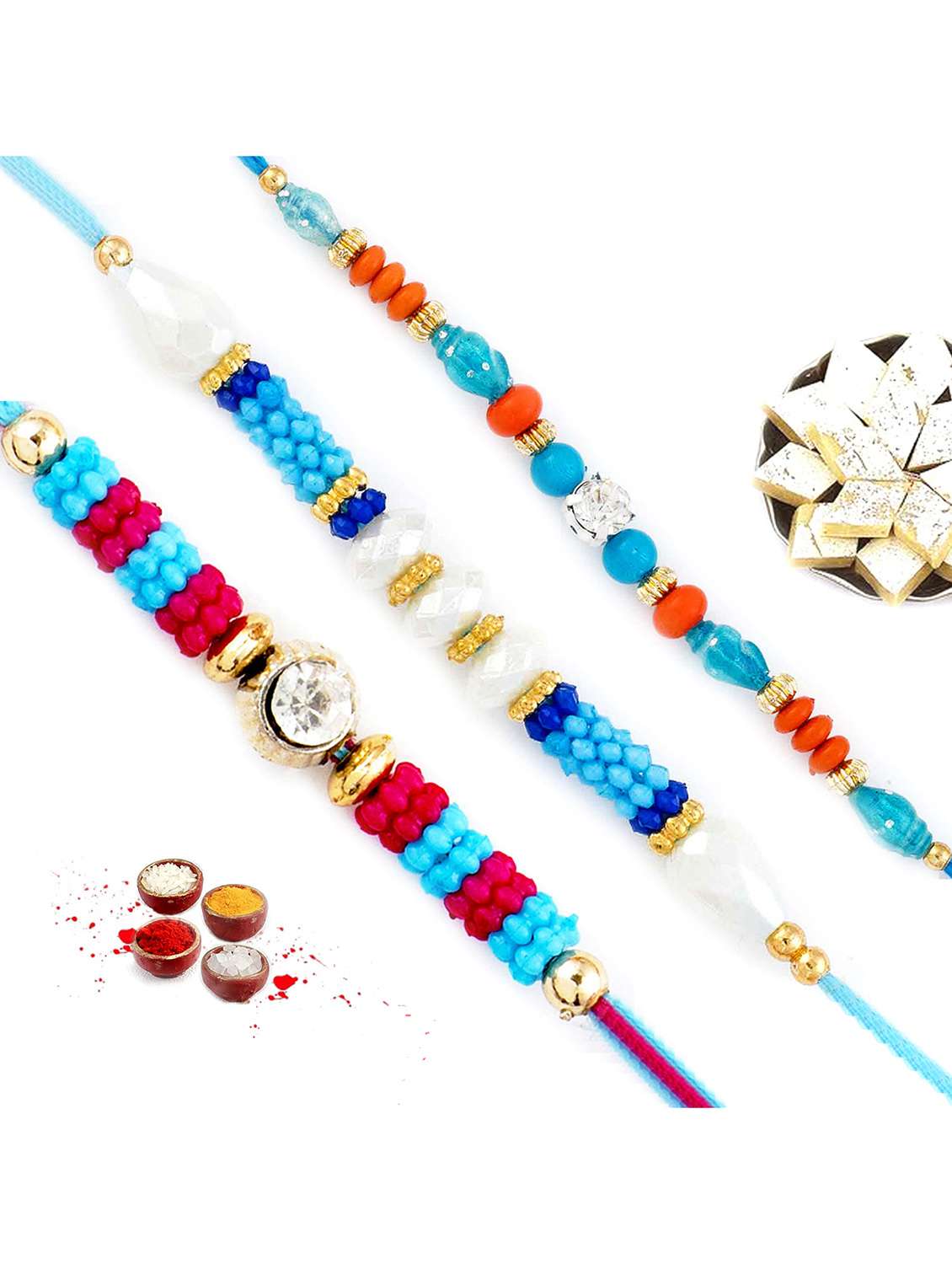   multicolor beads with cz rakhi (set of 3)