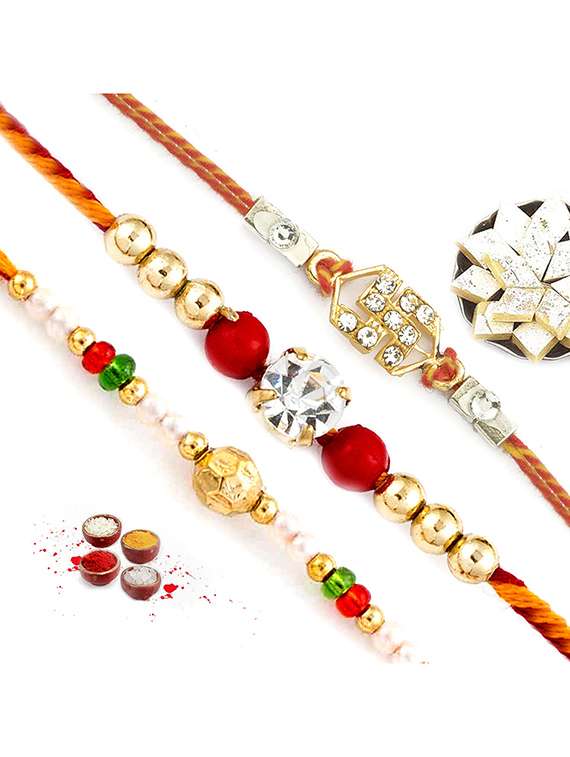  golden beads and american diamond rakhi (set of 3)