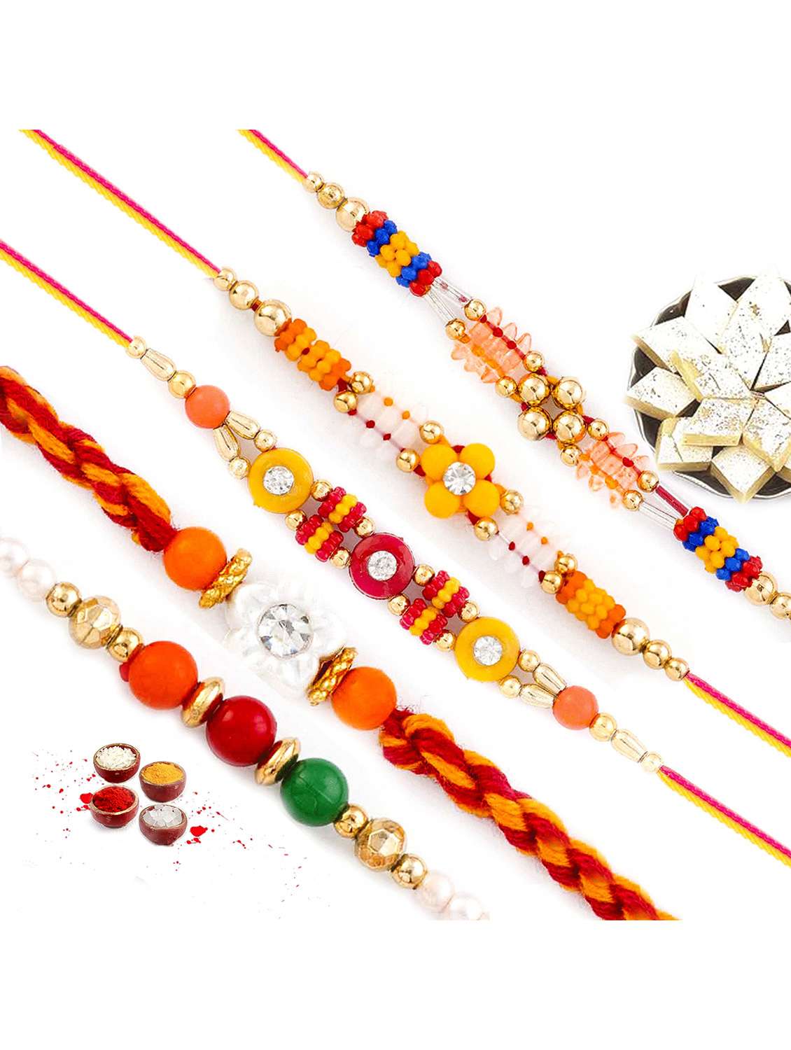  multicolor beadsand cz studded thread rakhi (set of 5)