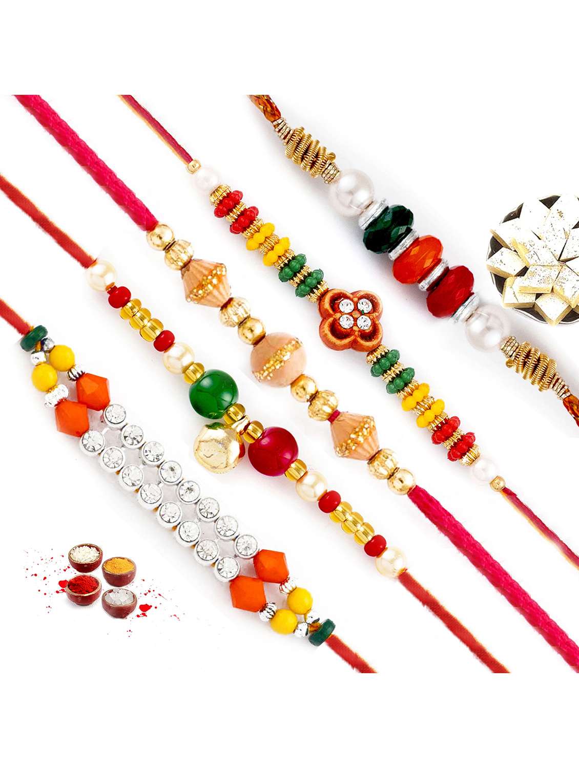  ad embellished golden beads rakhi (set of 5)