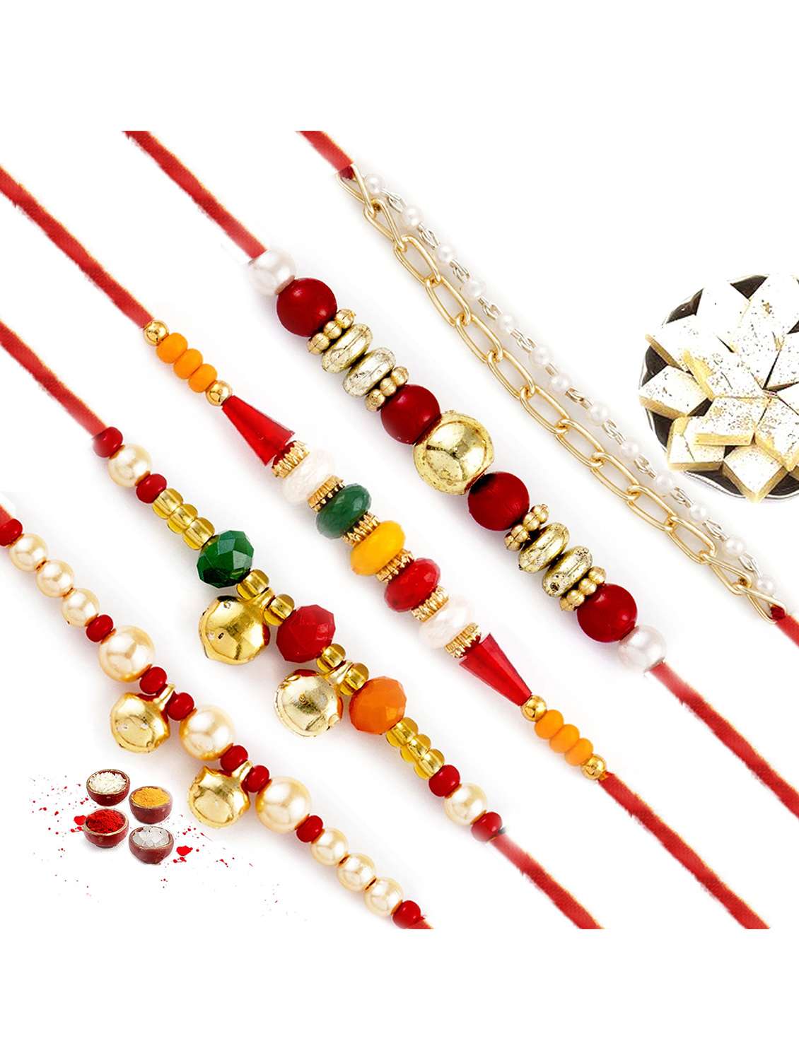  traditional design golden beads rakhi (set of 5)