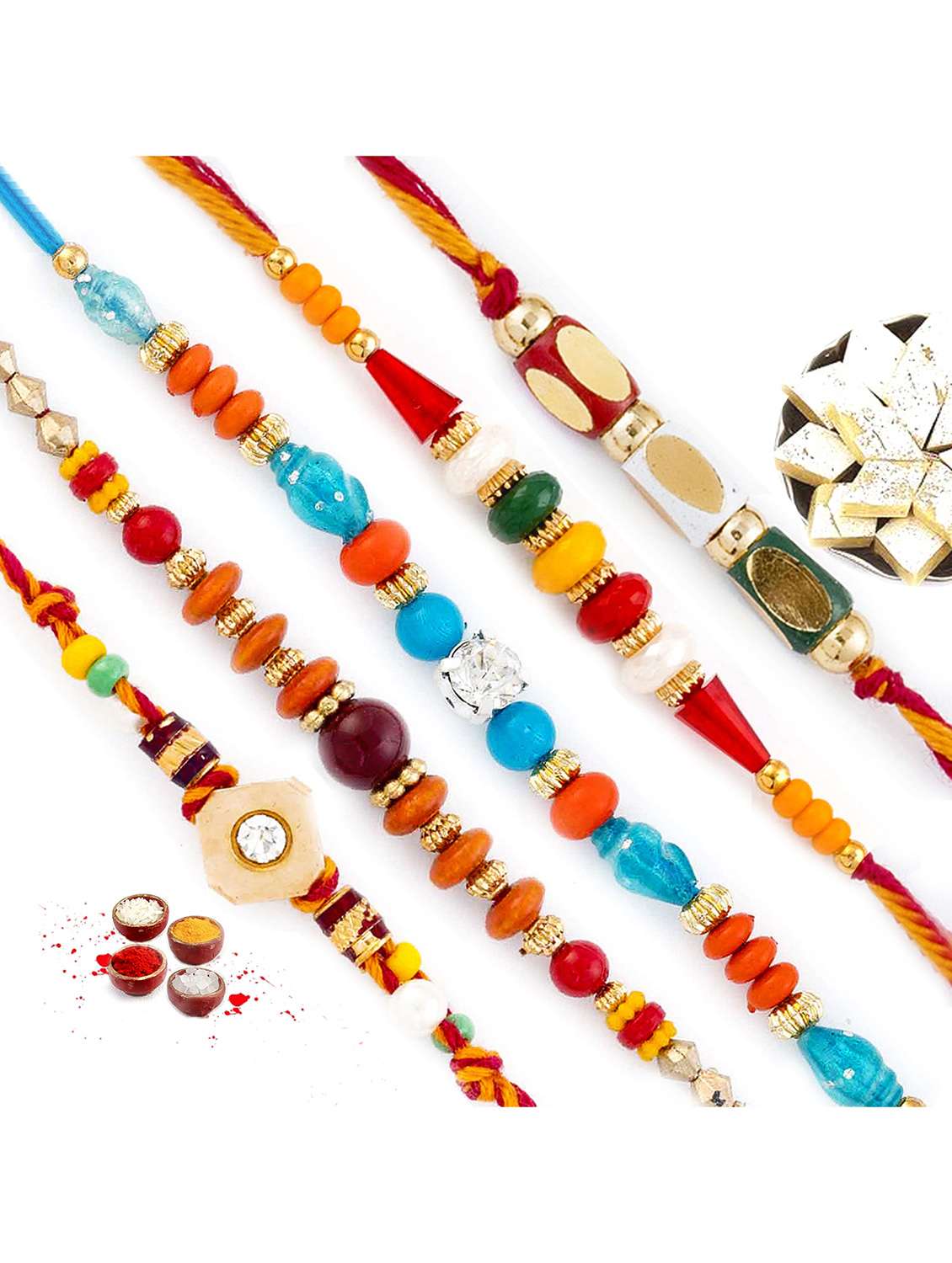  yellow, red and green beads rakhi (set of 5)