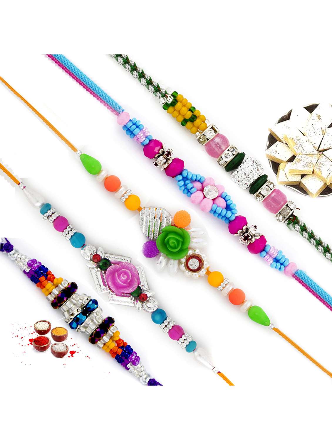  ad embellished floral motif rakhi (set of 5)