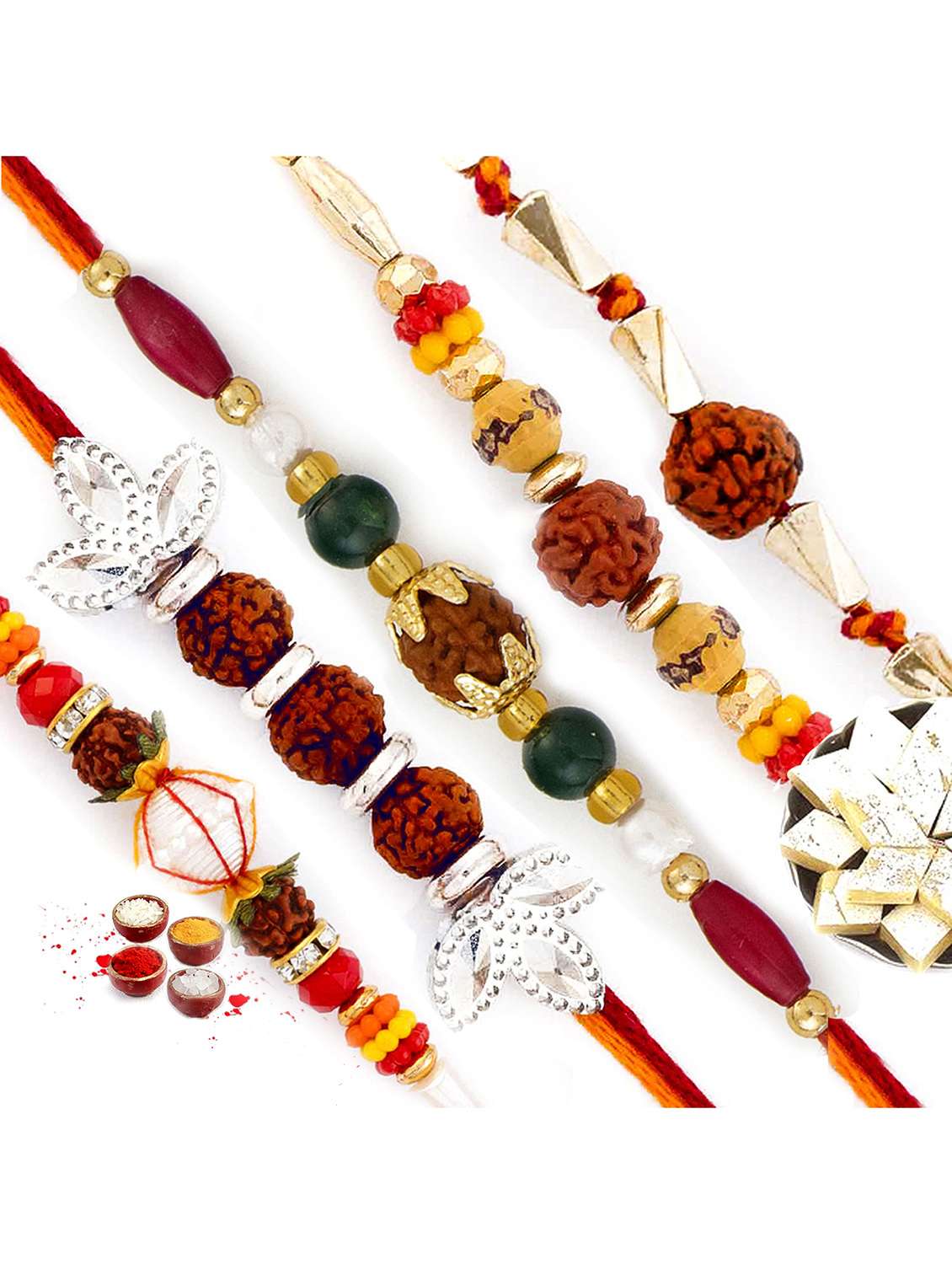  golden and silver beads rudraksh rakhi (set of 5)