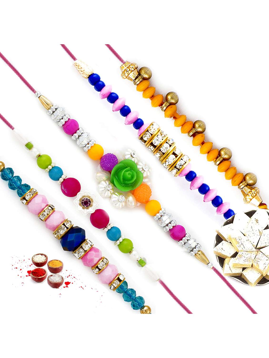  lovely multicolour beads pastel colour rakhi (set of 5)