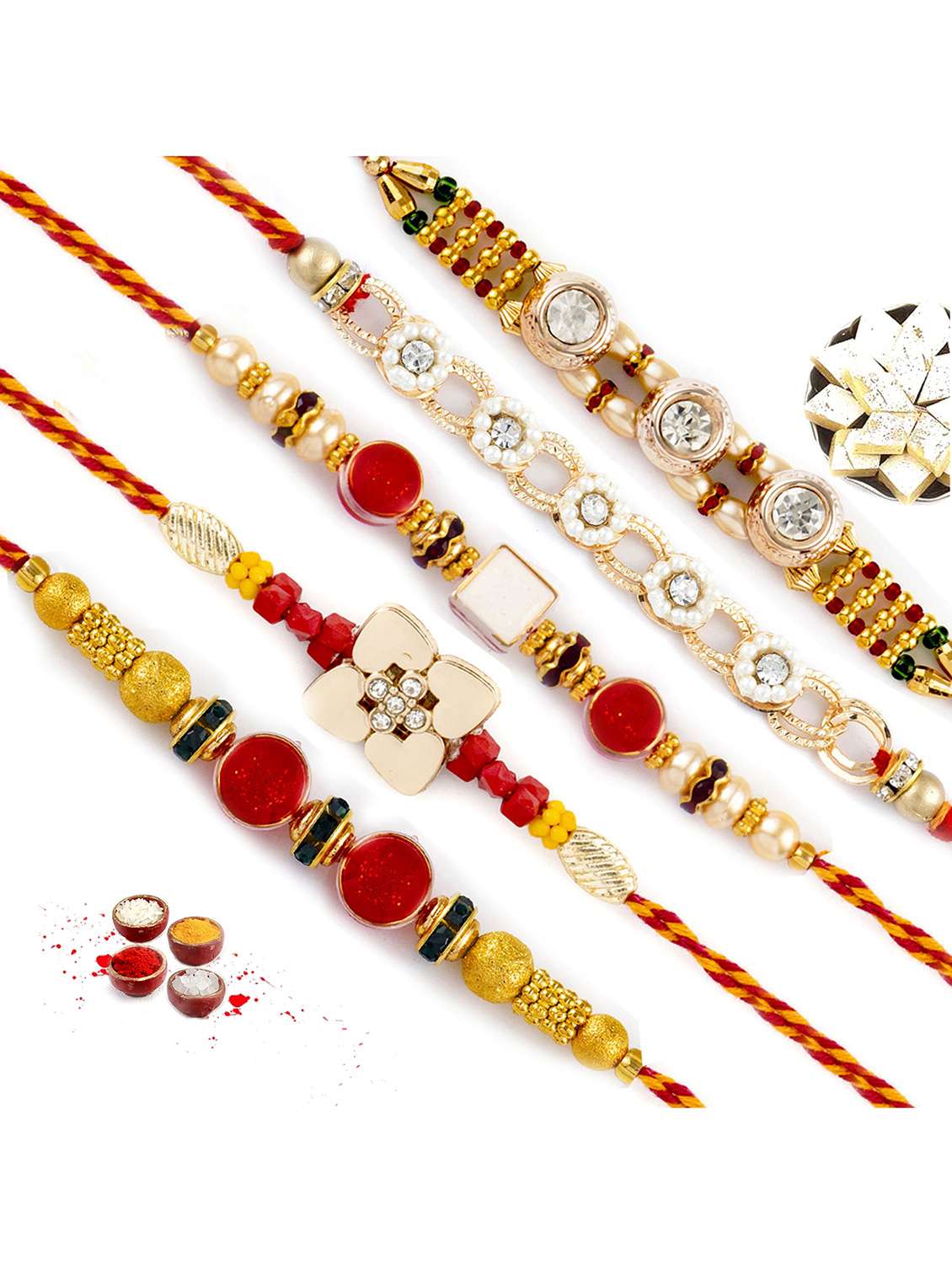  multicolour solid beads ad studded rakhi (set of 5)