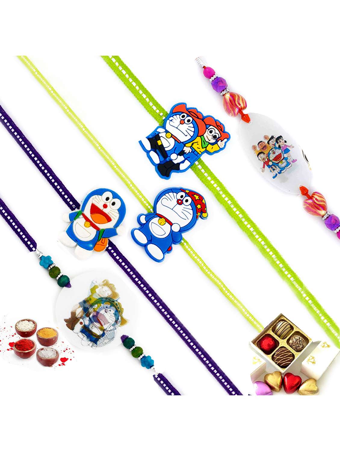   colourful doraemon motif kids rakhi (set of 5)