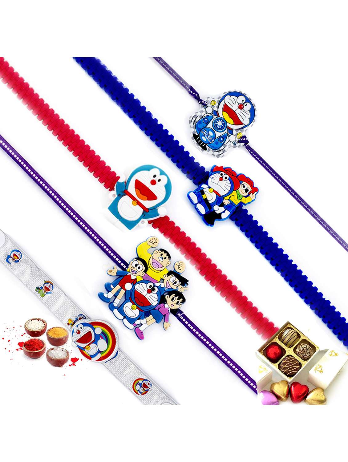  colourful doraemon motif kids rakhi (set of 5)