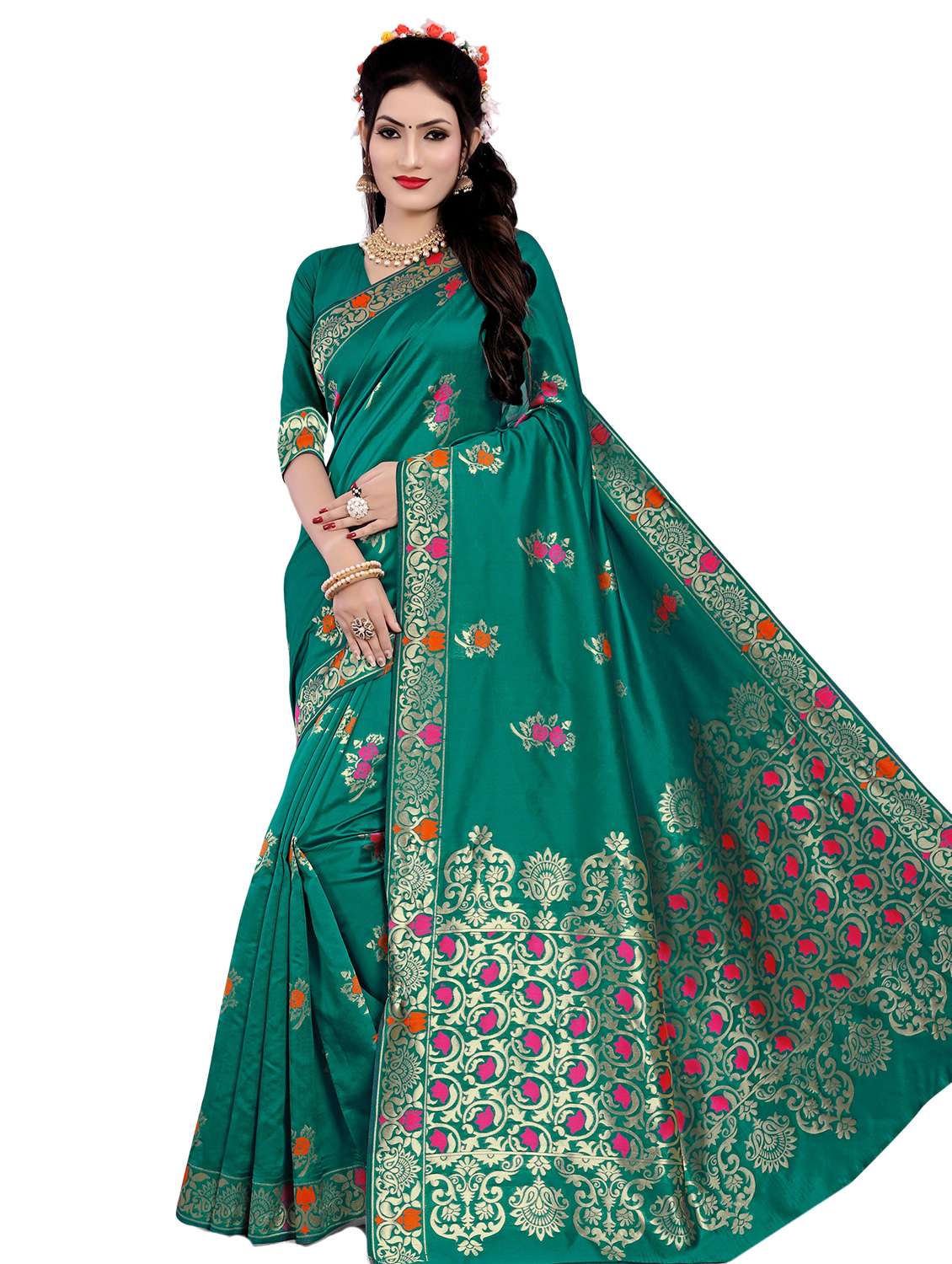 floral woven saree with blouse - 17152739 - Zoom Image - 0