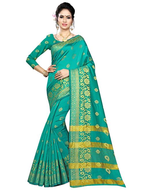 turquoise silk blend saree with blouse - 17152760 - Standard Image - 0