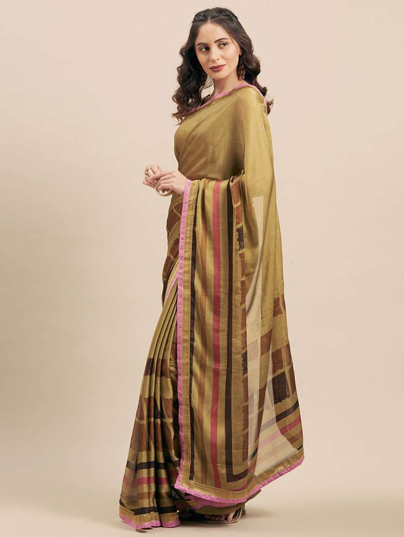women's stripes brown colored saree