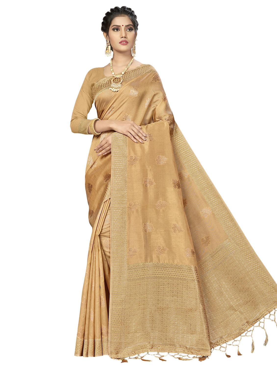 beige silk blend saree with blouse - 17171056 - Zoom Image - 0