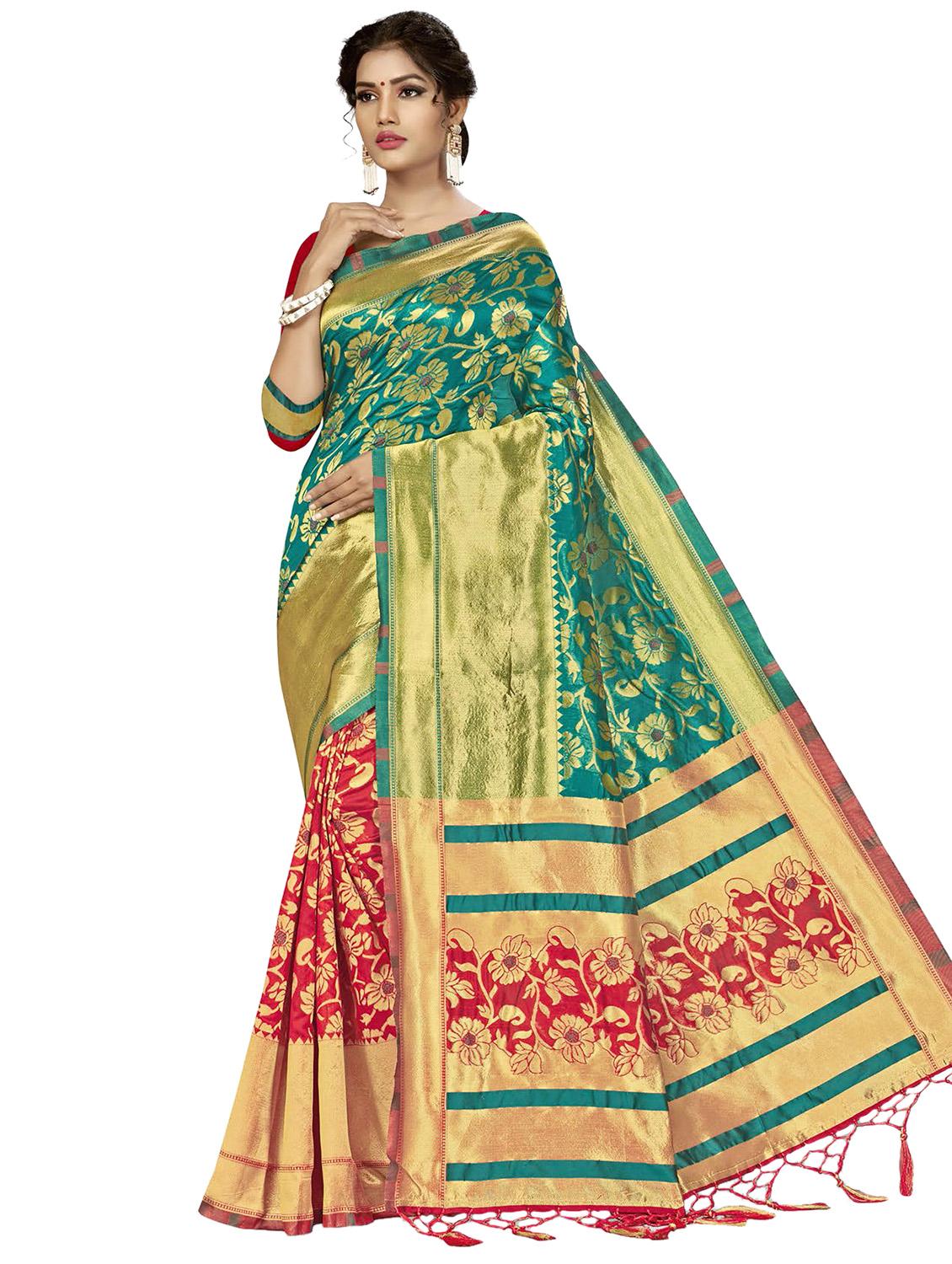floral woven saree with blouse - 17171072 - Zoom Image - 0