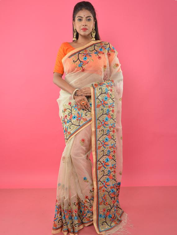 floral embroidered handloom saree with blouse - 17181951 - Zoom Image - 0