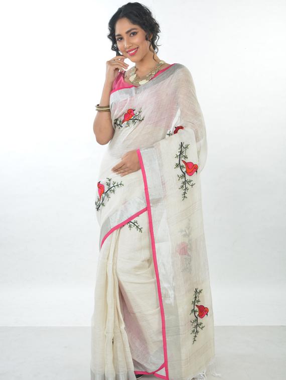 self design embroidered handloom saree with blouse - 17181954 - Zoom Image - 0