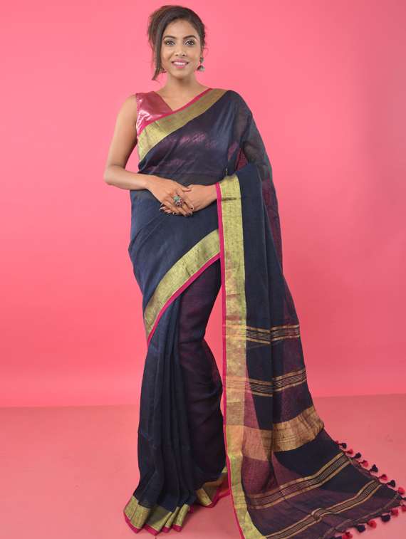 women's self design navy blue colored saree with blouse - 17181969 -  Zoom Image - 0
