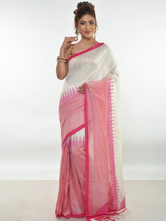 solid bordered handloom saree with blouse - 17181976 - Zoom Image - 0
