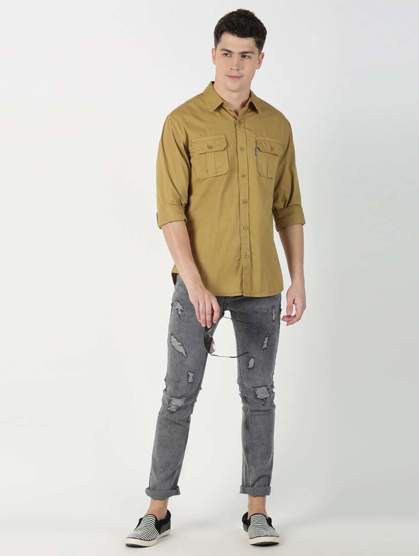 khaki solid casual shirt - 17183242 -  Standard Image - 3