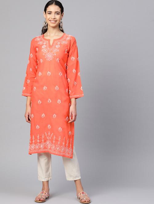 cotton knee length orange straight chikankari kurta for women - 17183838 - Standard Image - 0