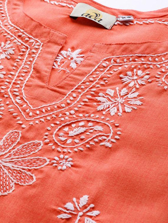cotton knee length orange straight chikankari kurta for women - 17183838 - Standard Image - 3