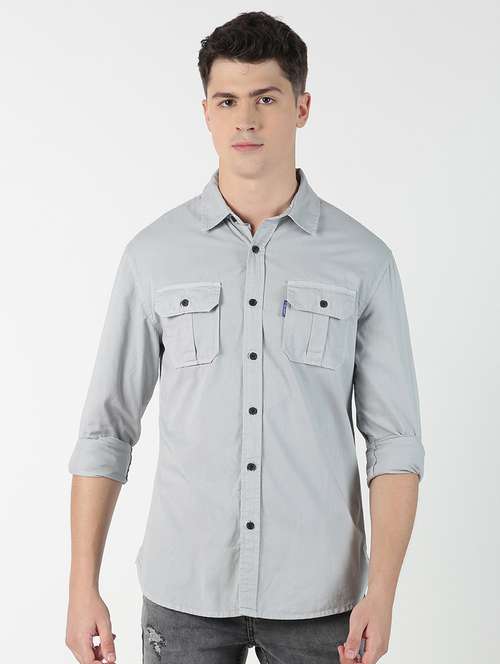 grey solid casual shirt - 17186536 - Standard Image - 0