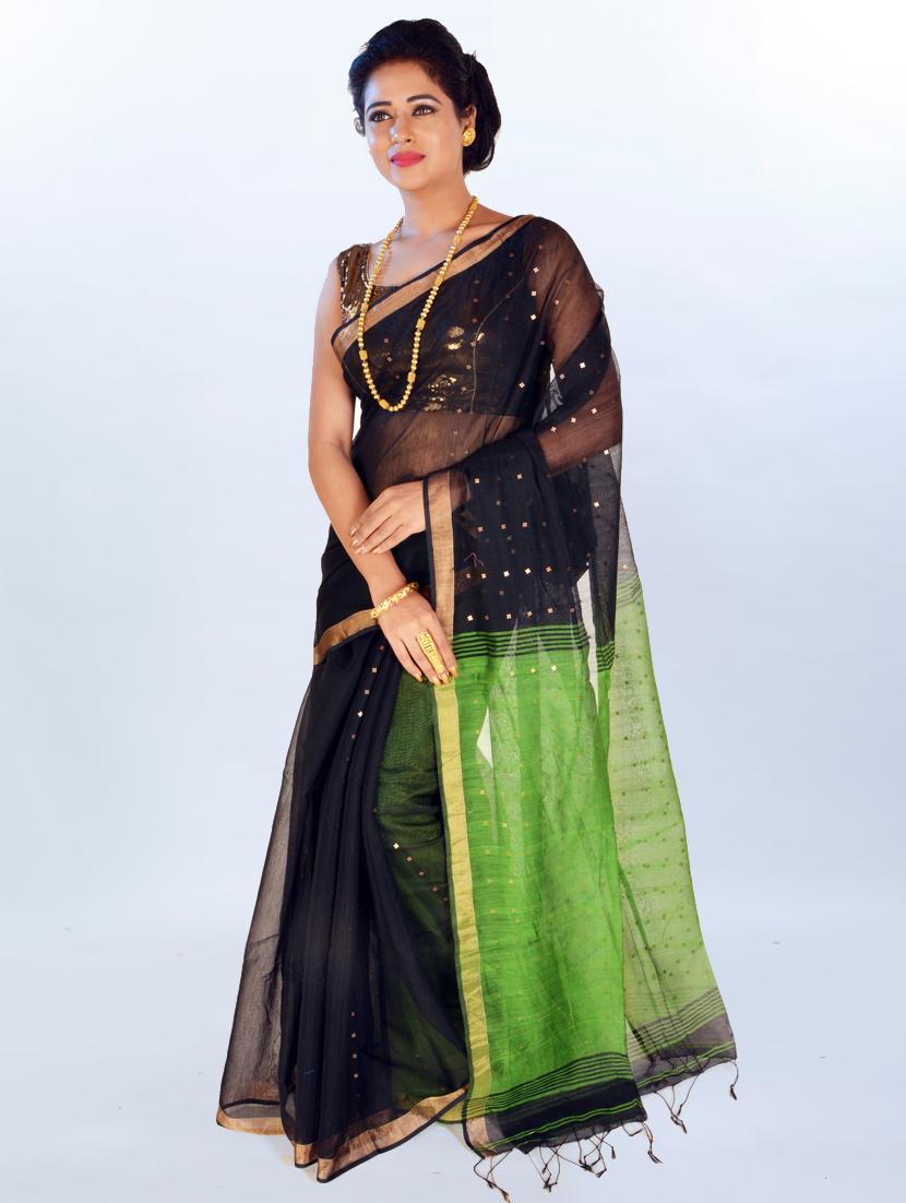 solid sequined handloom saree with blouse - 17189007 - Zoom Image - 0