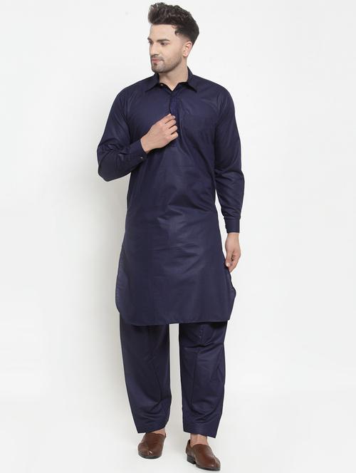 navy blue solid pathani set with embroidered neckline - 17192235 - Standard Image - 0