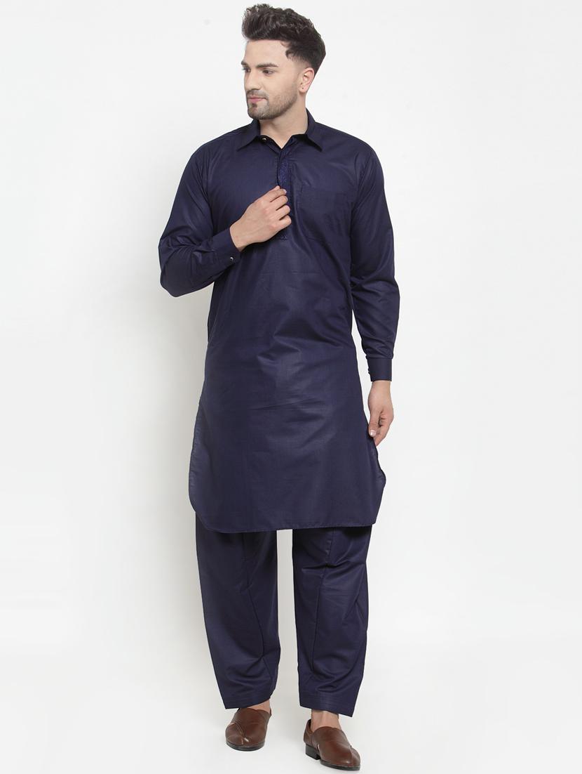 navy blue solid pathani set with embroidered neckline - 17192235 - Zoom Image - 0