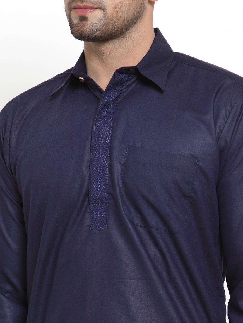 navy blue solid pathani set with embroidered neckline - 17192235 - Standard Image - 3