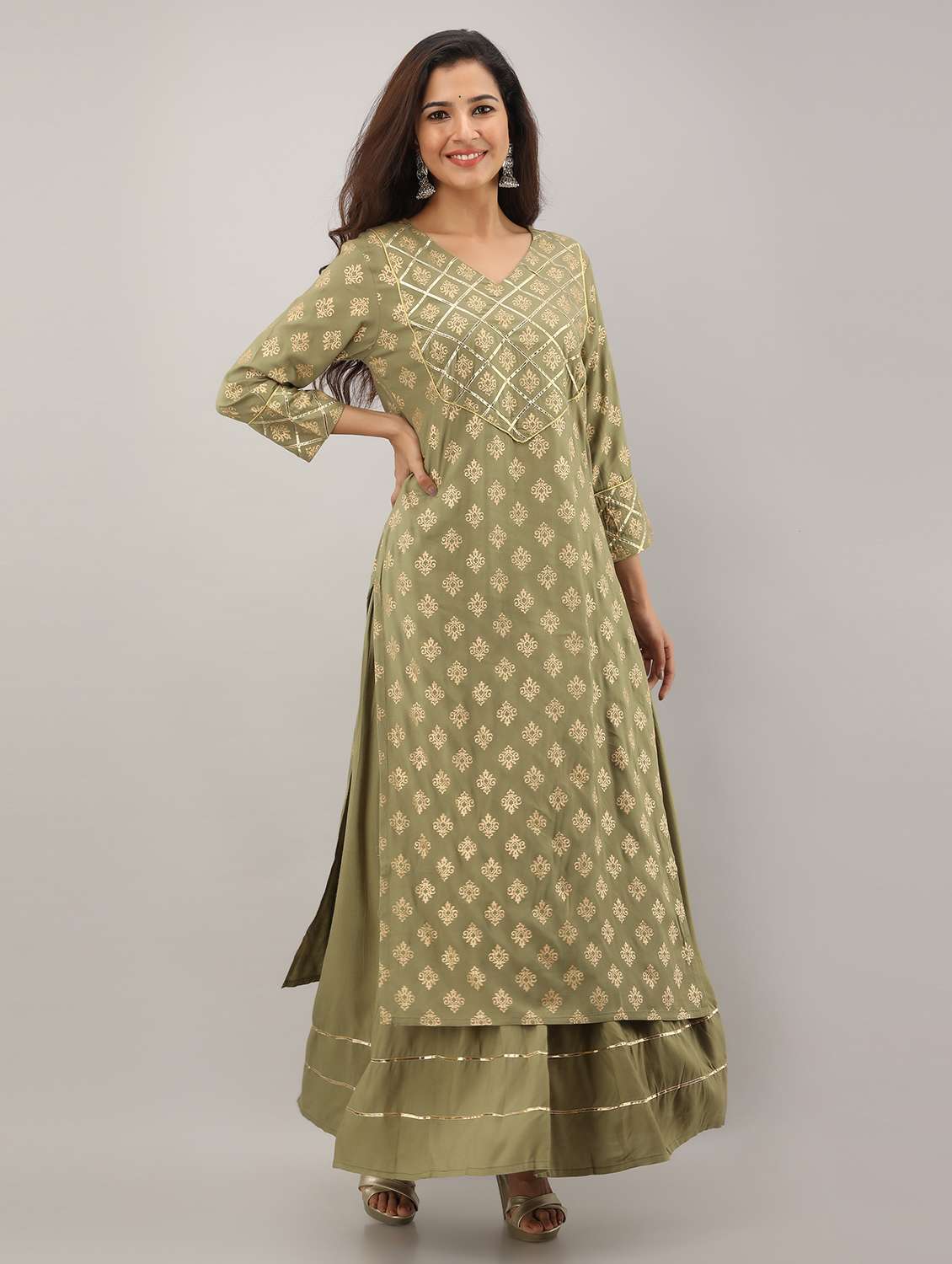 gold print kurta skirt set