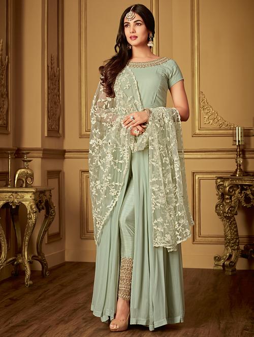 embroidered churidaar semi-stitched suit - 17196915 - Standard Image - 0