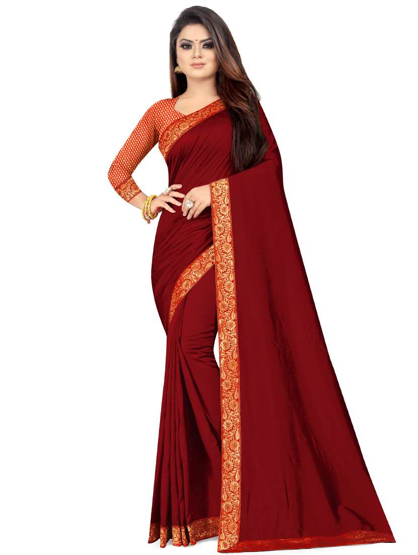 women's bordered red colored saree with blouse