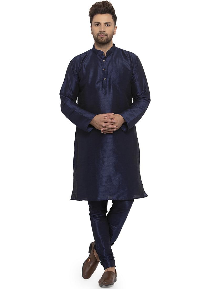 navy blue solid dupion kurta pyjama set with blue printed nehru jacket - 17205553 - Standard Image - 3