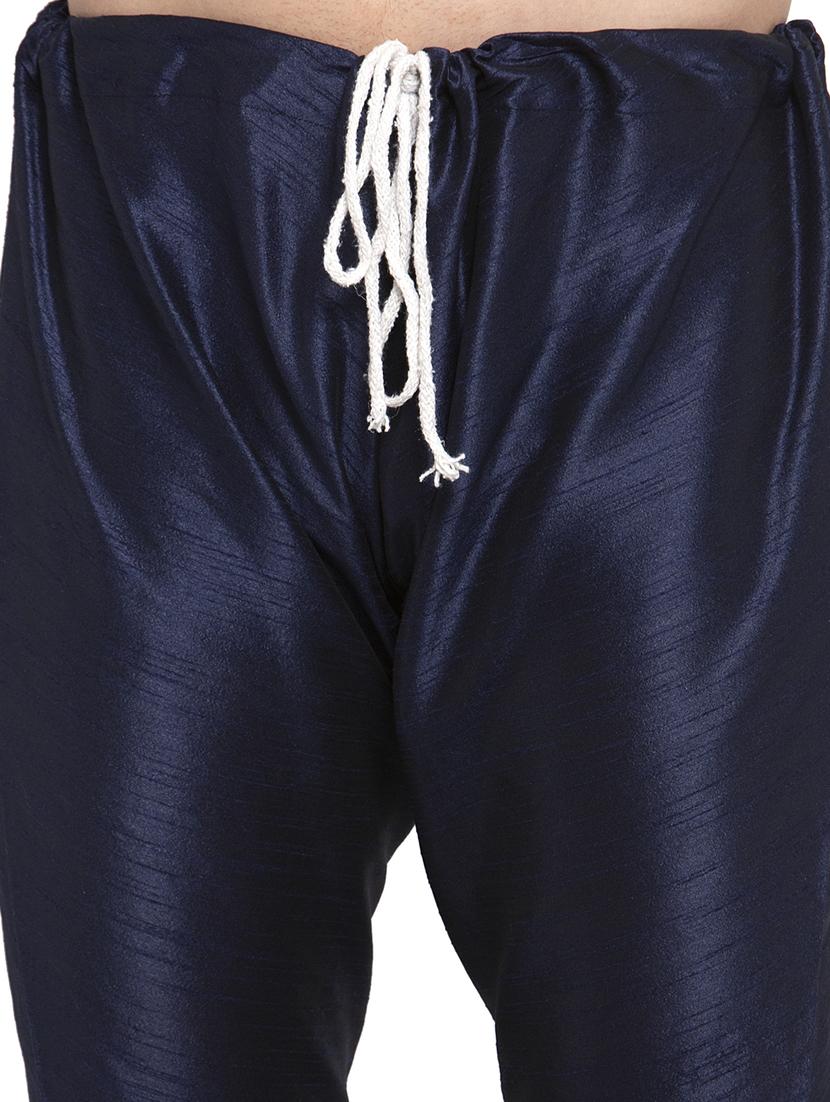 navy blue solid dupion kurta pyjama set with blue printed nehru jacket - 17205553 - Standard Image - 5