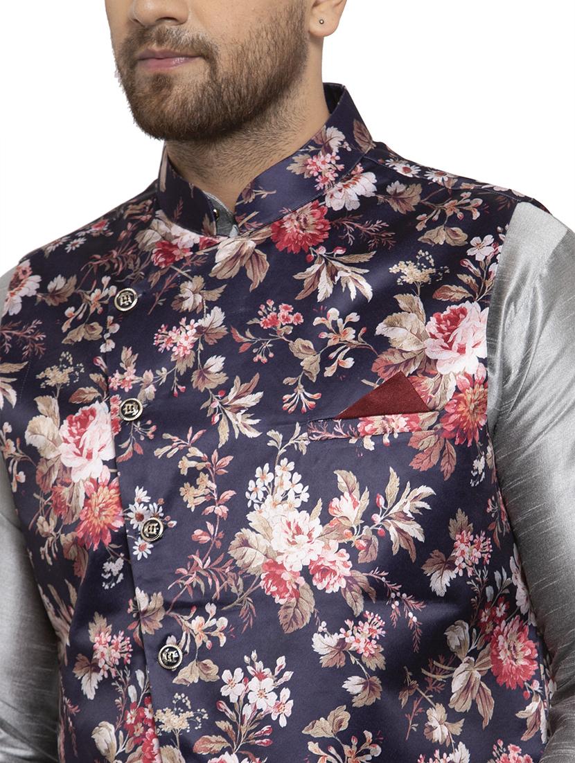 grey solid dupion kurta pyjama set with navy blue printed nehru jacket - 17205555 - Standard Image - 3