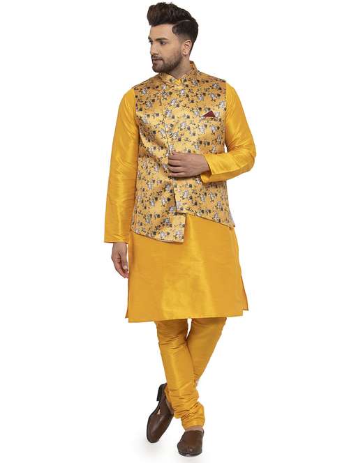yellow solid dupion kurta pyjama set with mustard printed nehru jacket - 17205556 - Standard Image - 0