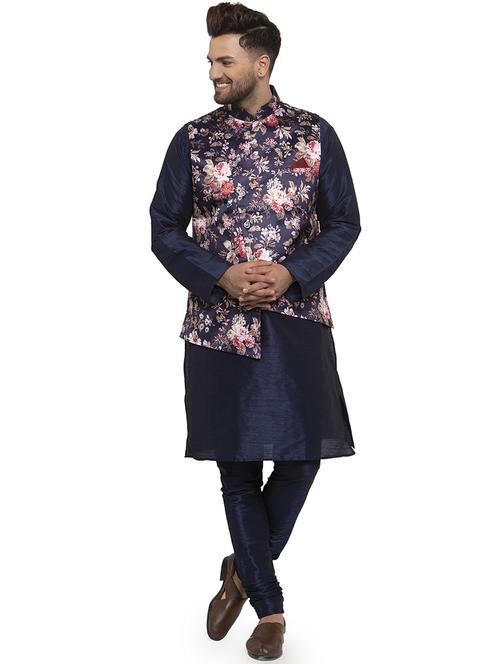 navy blue solid dupion kurta pyjama set with printed nehru jacket - 17205573 - Standard Image - 0