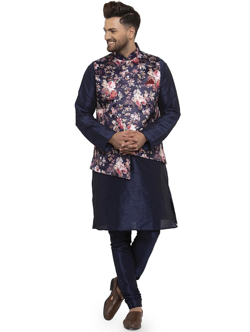navy blue solid dupion kurta pyjama set with printed nehru jacket - 17205573 - Zoom Image - 0