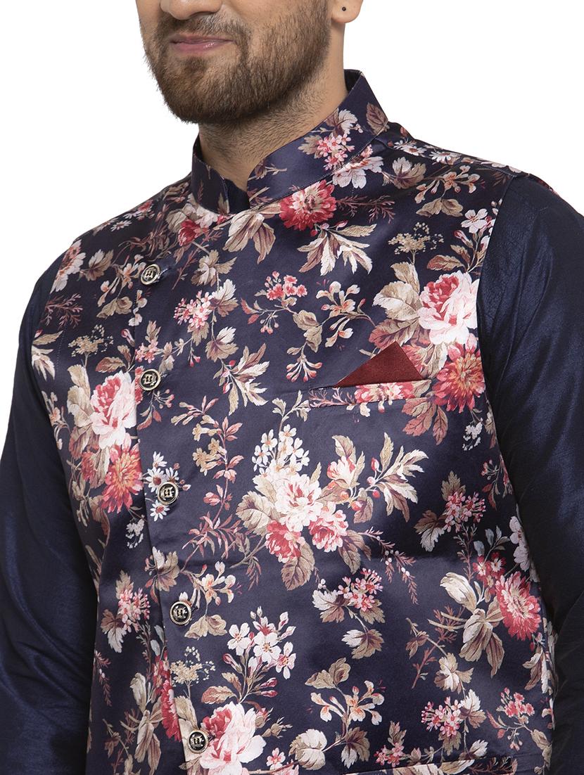 navy blue solid dupion kurta pyjama set with printed nehru jacket - 17205573 - Standard Image - 3