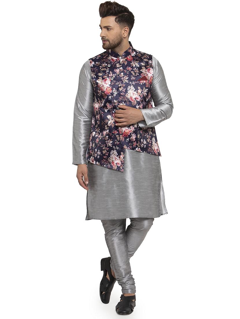 grey solid dupion kurta pyjama set with navy blue printed nehru jacket - 17205575 -  Zoom Image - 0